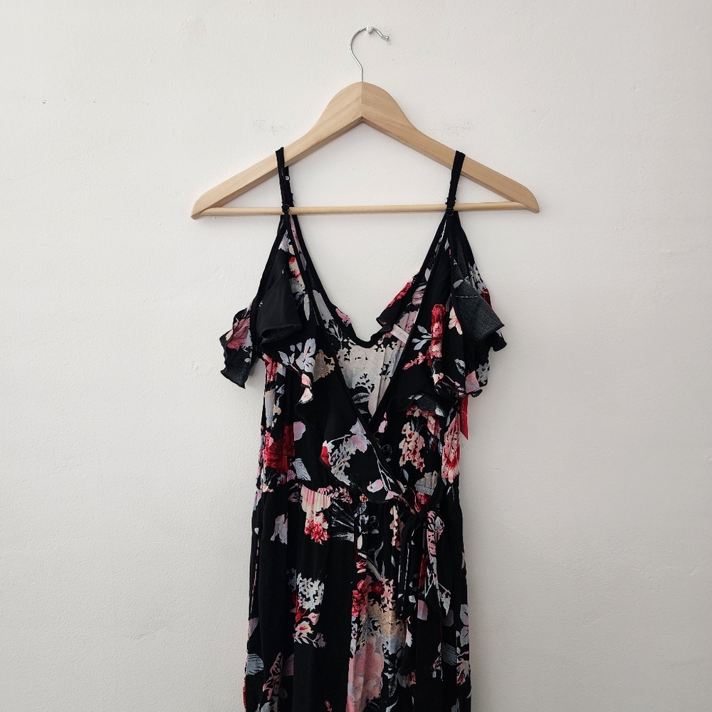 Xhilaration | Black & Pink Floral Off-the-Shoulder Jumpsuit